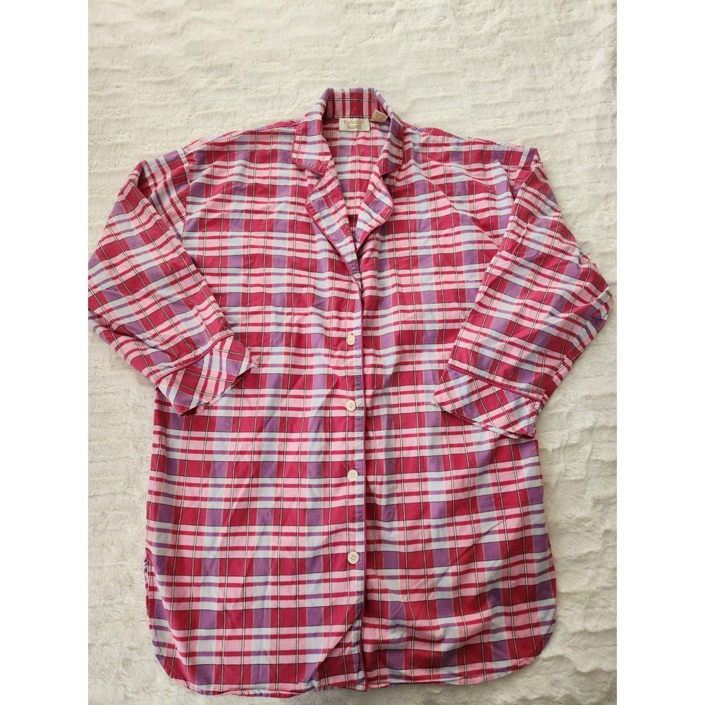 Vtg Victoria's Secret Pink Plaid Flannel Button Night Gown Womens M/L Gold Label